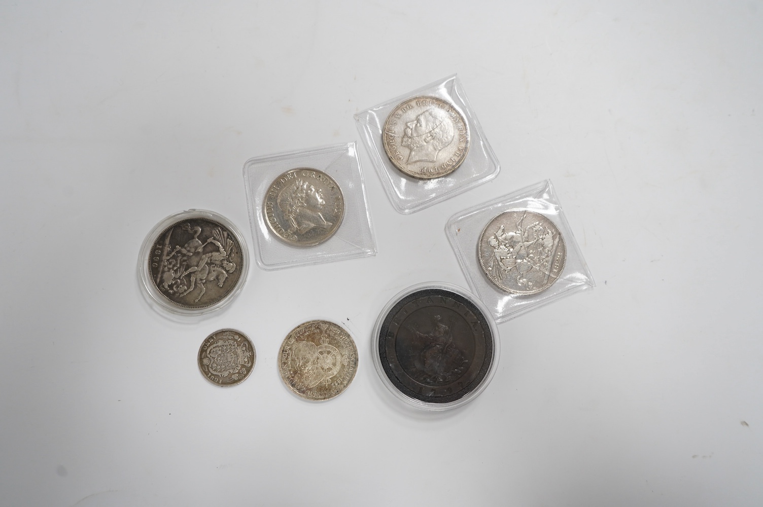 British silver coins, 1822 crown, 1896 crown, 1935 crown, 1797 2d etc. 1811 bank token together with a George III cartwheel twopence, Soho mint, fine or better